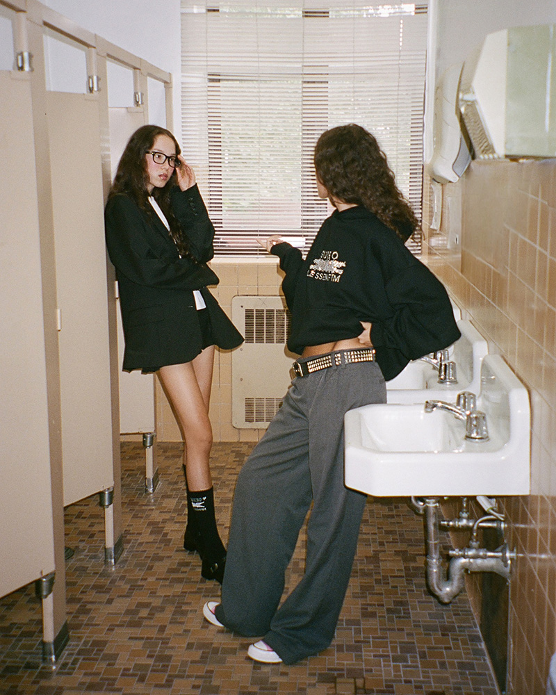 two models in Danielle Guizio's eponymous label collaboration with K-pop girl group Le Sserafim