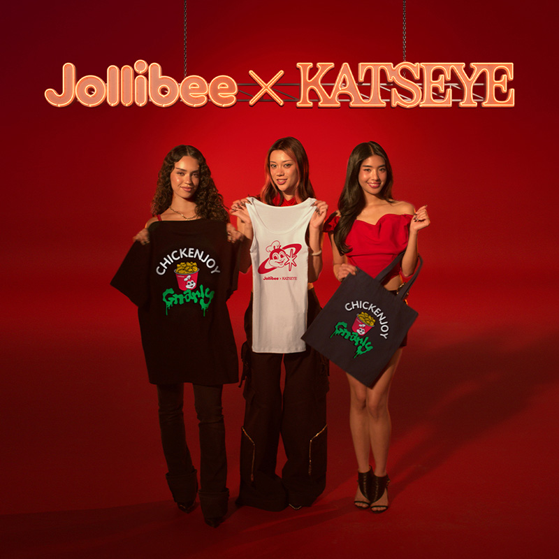 Jollibee x Katseye collaboration with new T-shirt, tank top and tote bag.