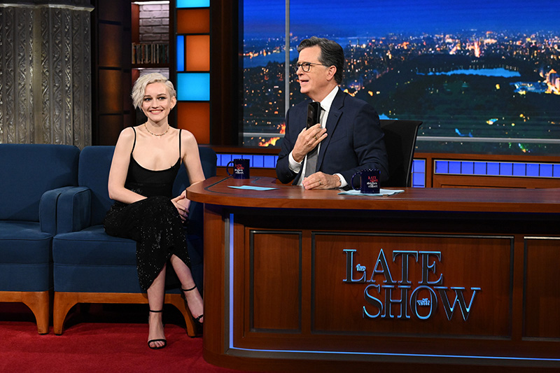 The Late Show with Stephen Colbert and guest Julia Garner during Monday’s August 4, 2025 show. Photo: Scott Kowalchyk ©2025 CBS Broadcasting Inc. All Rights Reserved.
