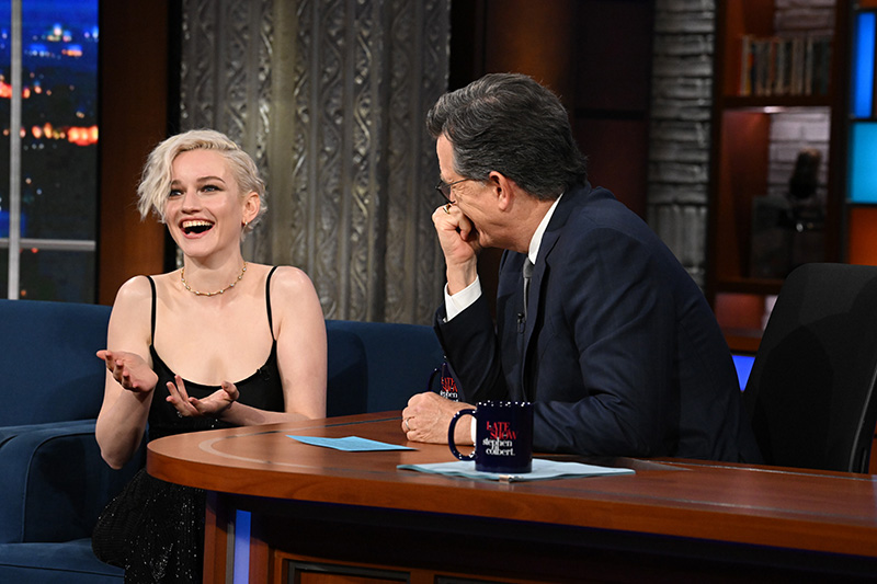 The Late Show with Stephen Colbert and guest Julia Garner during Monday’s August 4, 2025 show. Photo: Scott Kowalchyk ©2025 CBS Broadcasting Inc. All Rights Reserved.