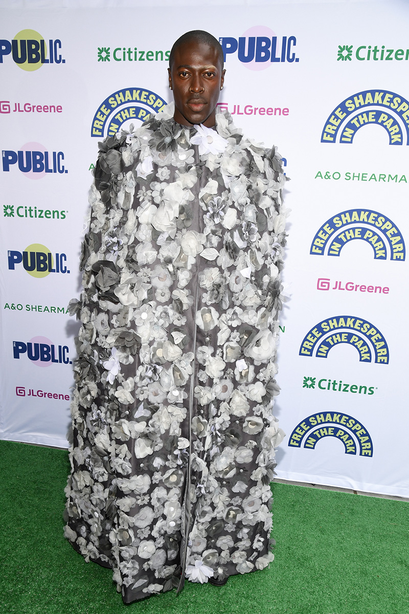 Moses Sumney wears Thom Browne at Free Shakespeare in the Park's "Twelfth Night" held at The Delacorte Theater on August 21, 2025 in New York, New York.