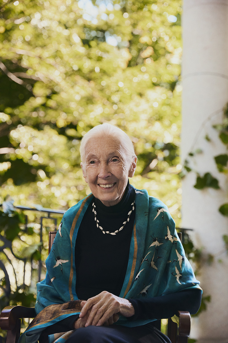 Jane Goodall wears jewelry from her second Brilliant Earth collaboration.