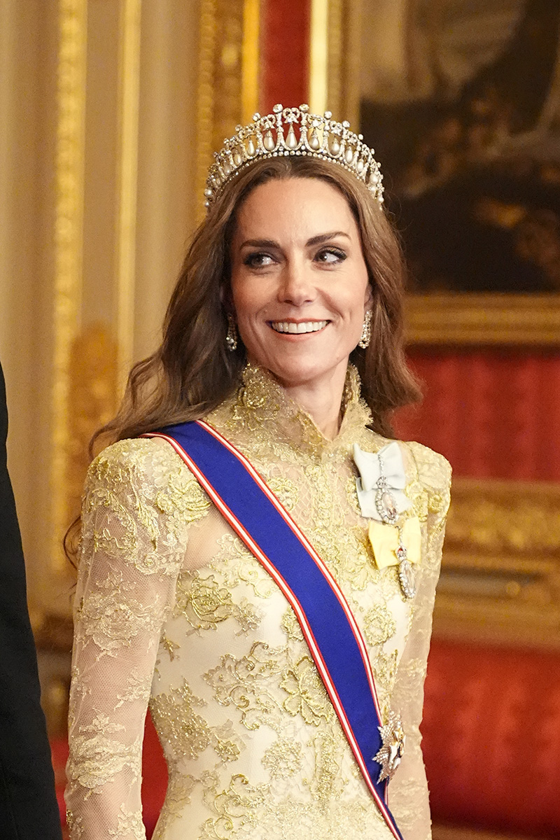 Kate Middleton wears a custom Phillipa Lepley gown with the Lover's Knot tiara and pieces from jewelry from Queen Elizabeth II's collection for the state visit by the President of the United States of America on Sept. 17, 2025 in Windsor, England.