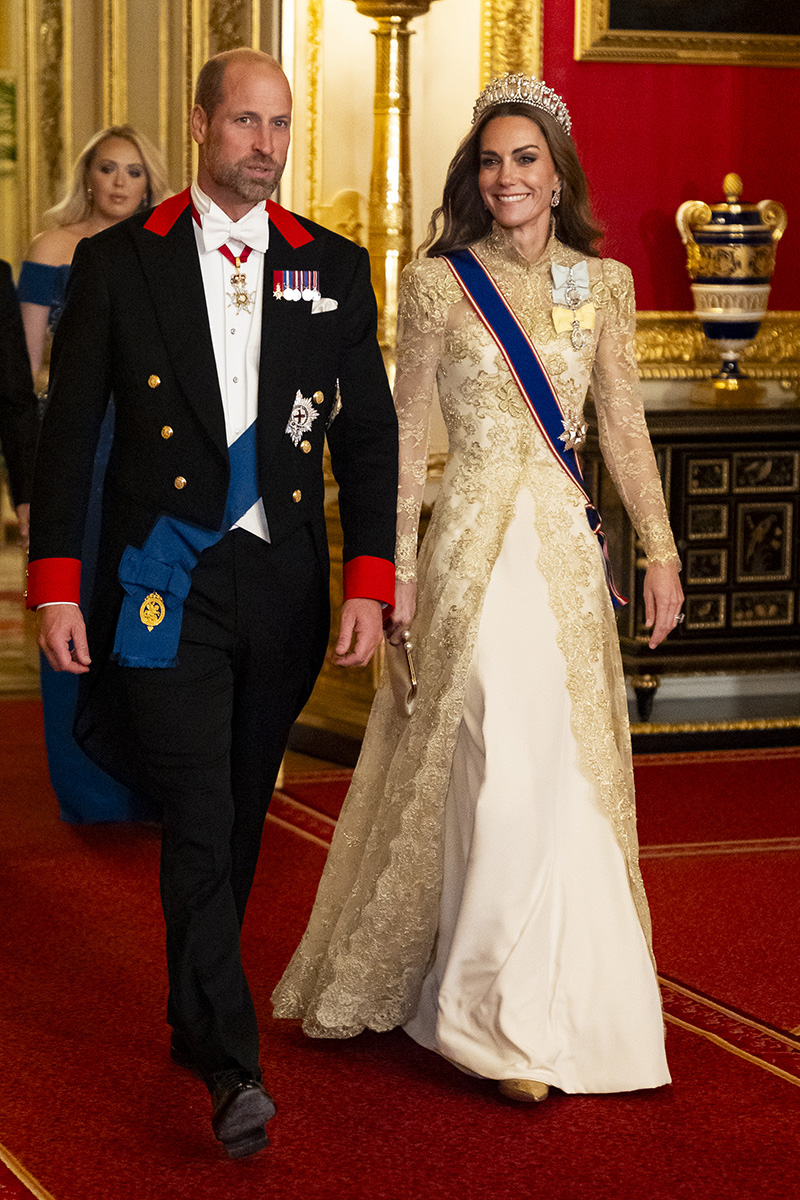 Kate Middleton wears a custom Phillipa Lepley gown with the Lover's Knot tiara and pieces from jewelry from Queen Elizabeth II's collection for the state visit by the President of the United States of America on Sept. 17, 2025 in Windsor, England.