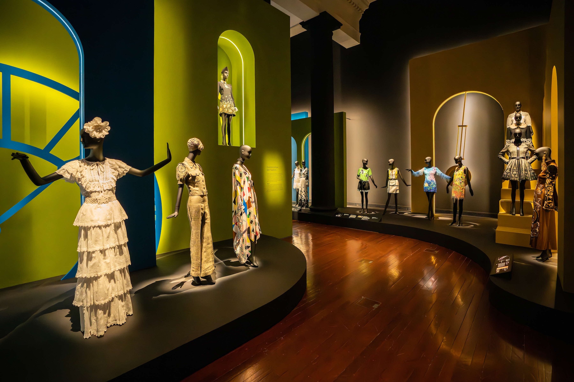 Installation view of the Andrew Gn: Fashioning Singapore and the World exhibition at the Asian Civilisations Museum (ACM), 2023. Image courtesy of Asian Civilisations Museum.