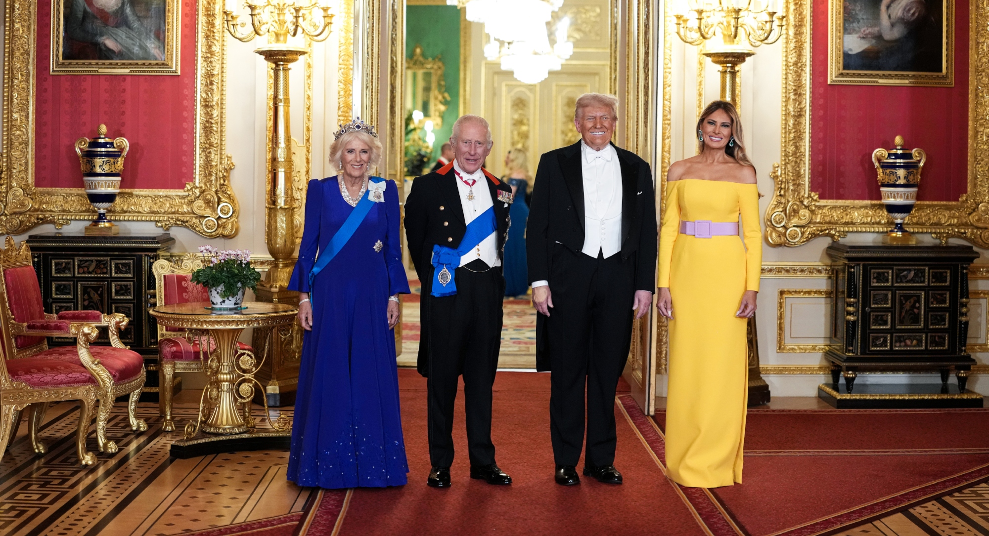 Queen Camilla wears a Fiona Clare gown with Queen Elizabeth II's sapphire and diamond tiara for the State Banquet hosted by King Charles III and members of the Royal Family at Windsor Castle during the state visit by the President of the United States of America on Sept. 17, 2025 in Windsor, England.