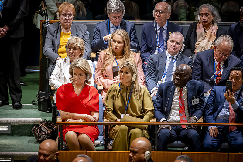 NEW YORK, NEW YORK - SEPTEMBER 23: Queen Mathilde of Belgium, Queen Maxima of The Netherlands and  Princess Amalia of The Netherlands (2nd row C) attend the opening session of the General Assembly at United Nations on September 23, 2025 in New York City.  (Photo by Patrick van Katwijk/Getty Images)