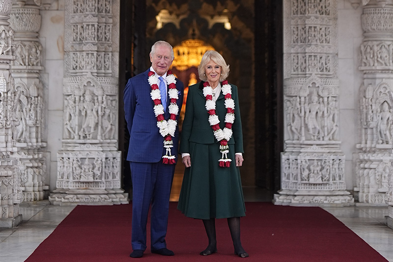 Queen Camilla wears a Roy Allen ensemble and brooch by Wartski at BAPS Shri Swaminarayan Mandir (known as the 'Neasden Temple') on Oct. 29, 2025 in London.