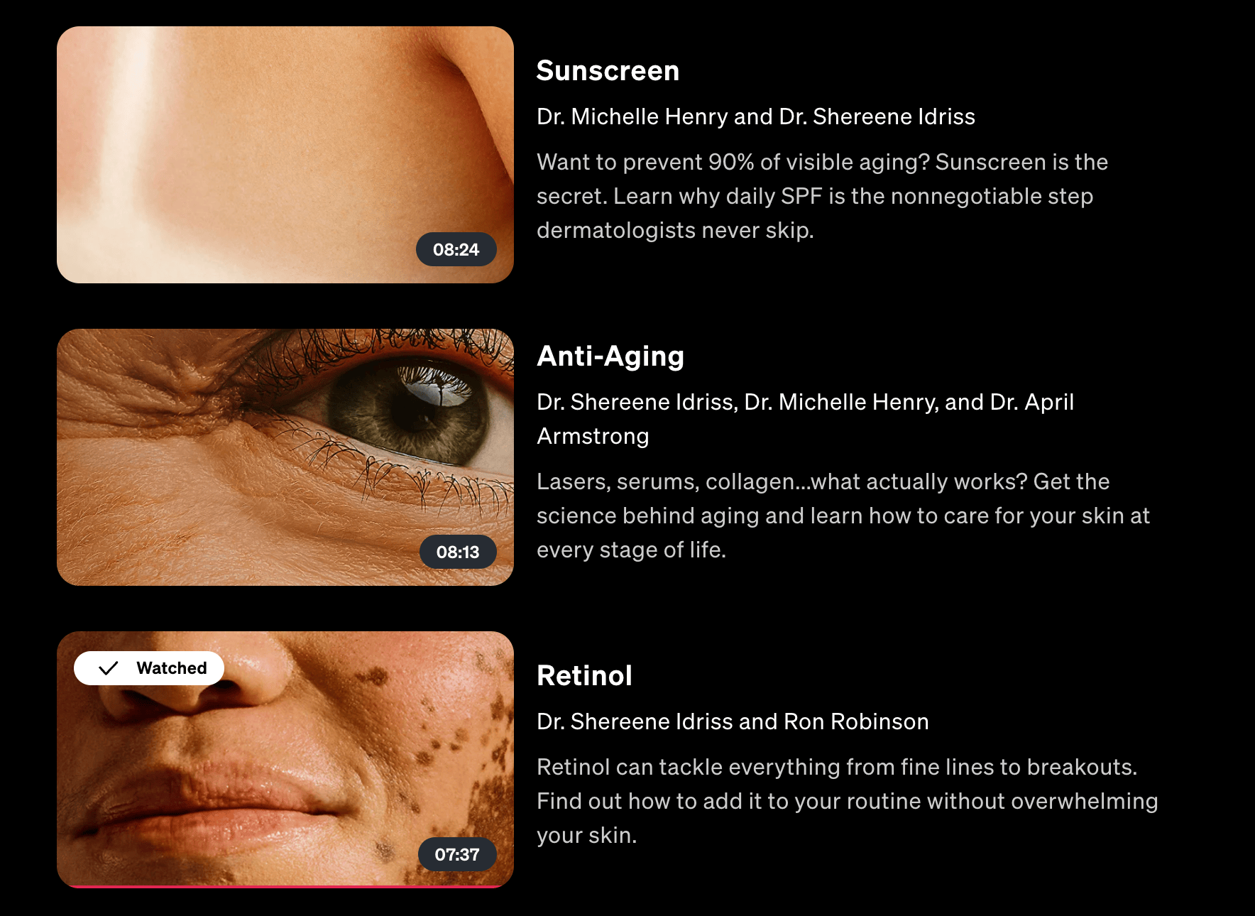 screenshot from a dermatology course on the platform masterclass