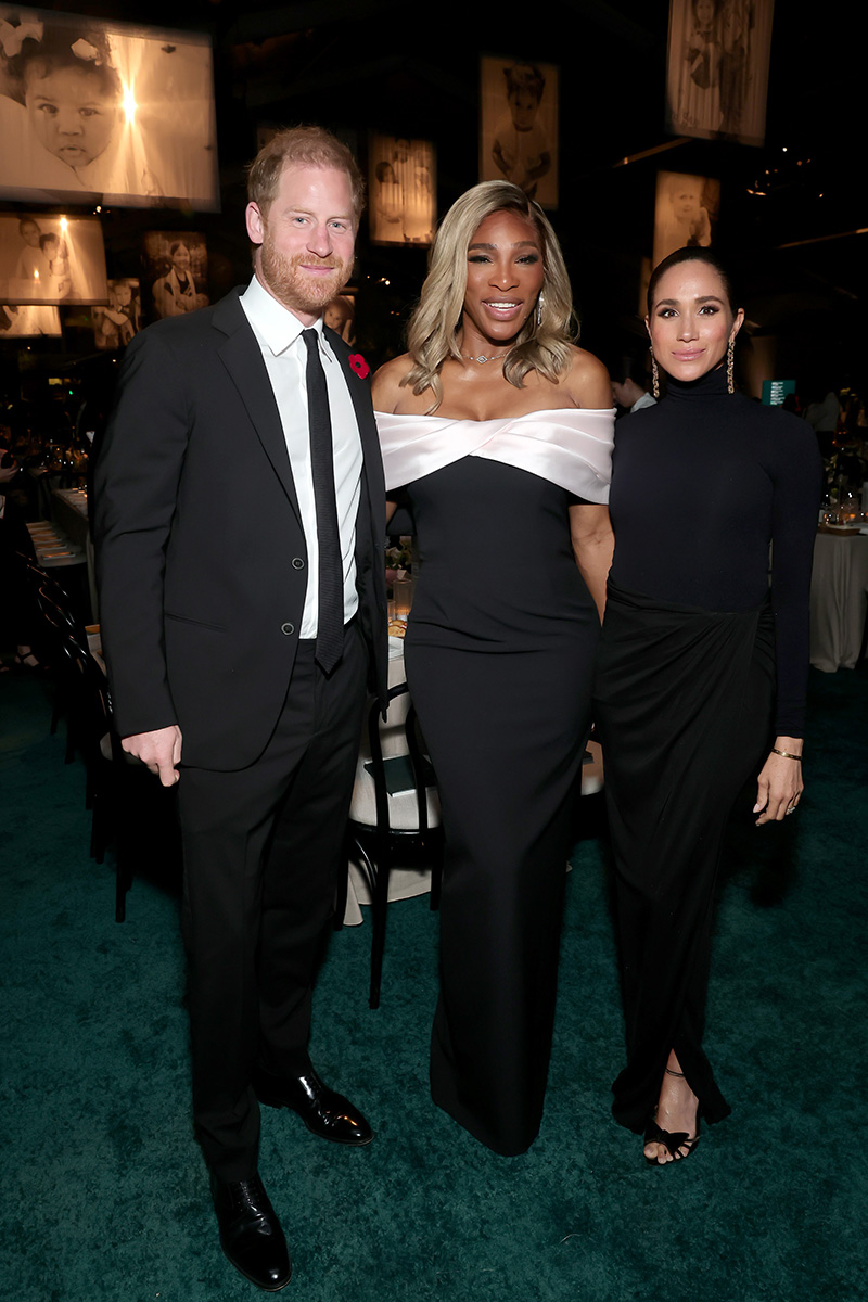 Meghan Markle attends the 2025 Baby2Baby Gala on Nov. 8, 2025 in West Hollywood, Calif., wearing a black turtleneck and coordinated skirt with a thigh-high slit, along with Aquazzura shoes and earrings.