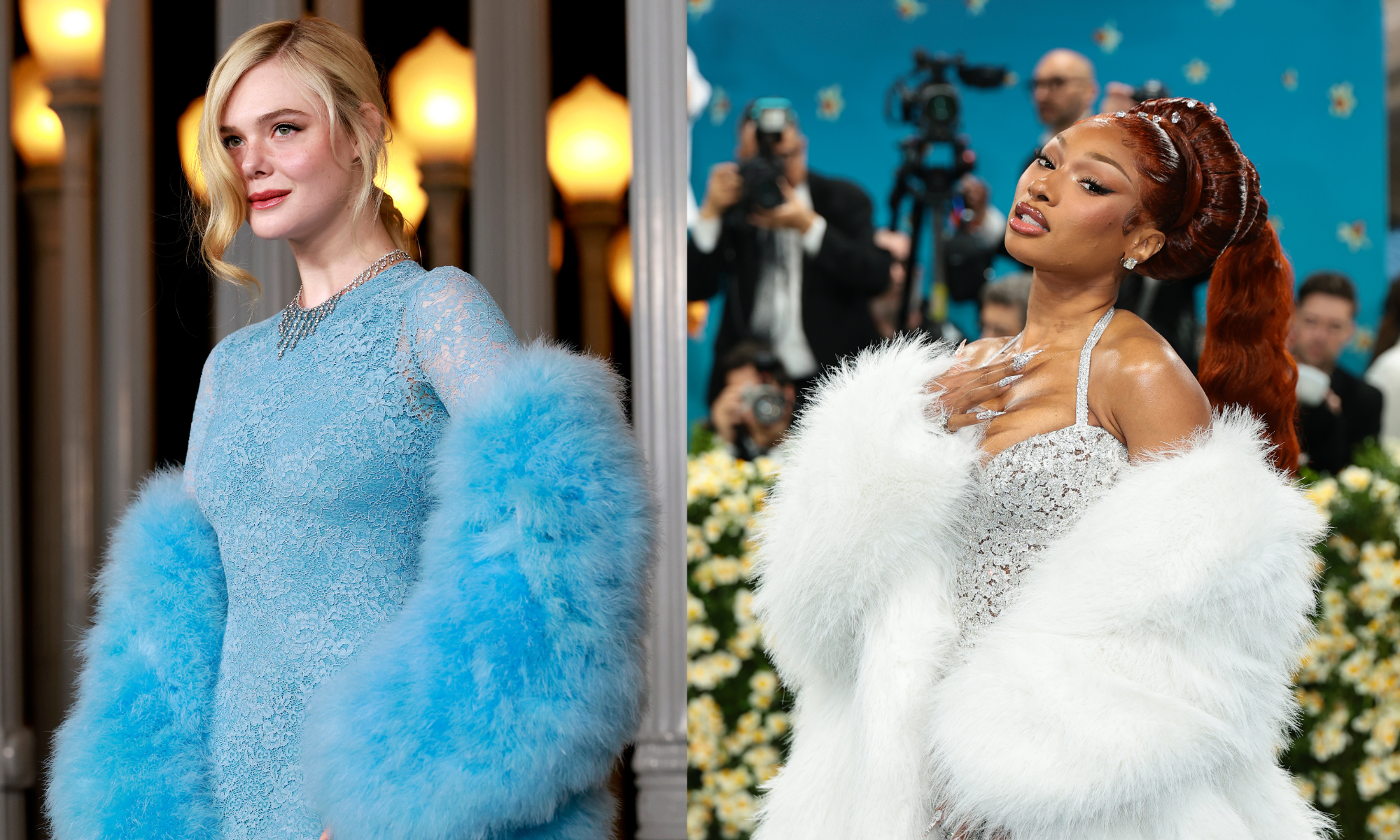 elle fanning and megan thee stallion wearing blue and white fur coats, respectively, as the LACMA Art+Film Gala and Met Gala in 2025