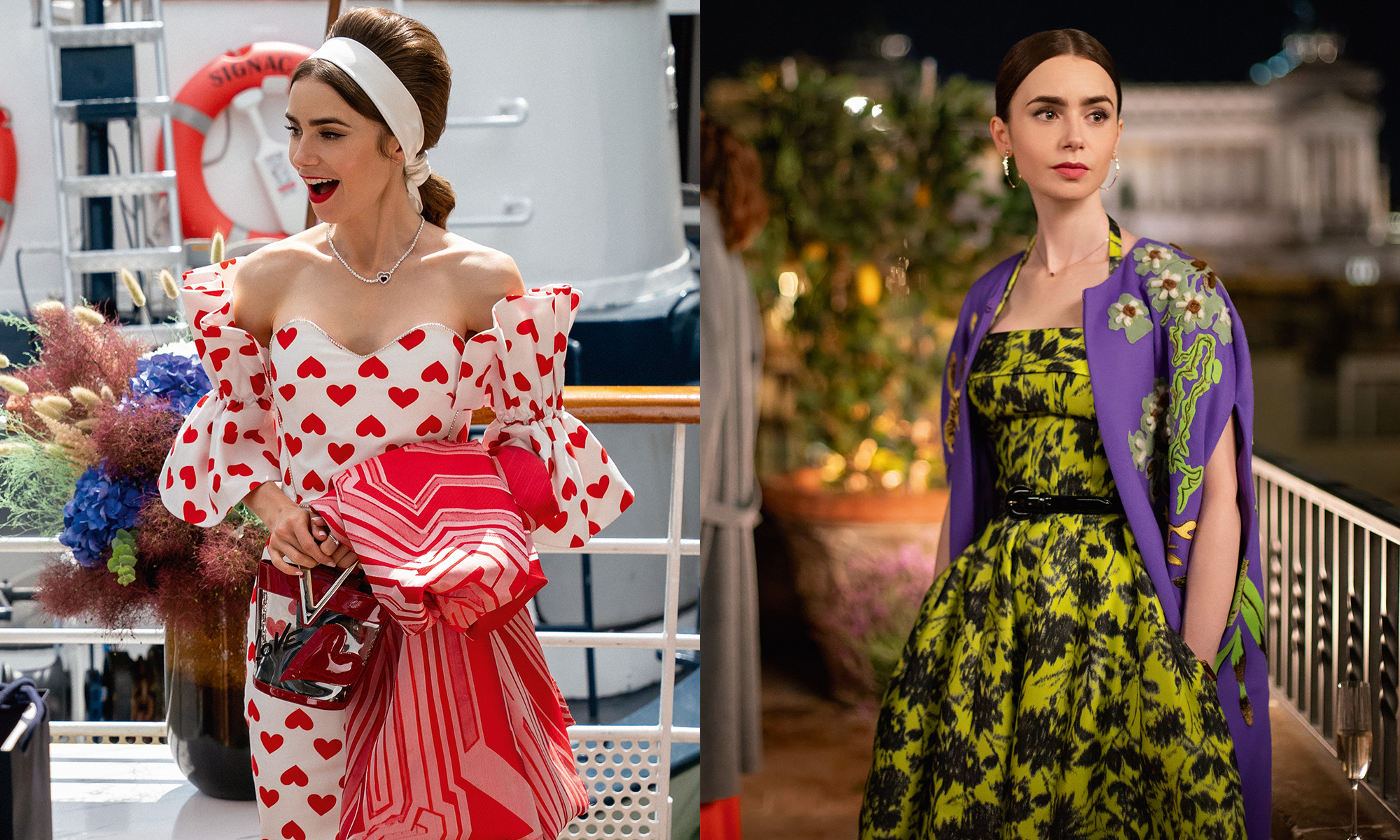 two emily in paris tv show looks on actress lily collins — she's wearing a heart-printed gown in the left-side image and a green-colored one, complete with a valentino cape, in the right one