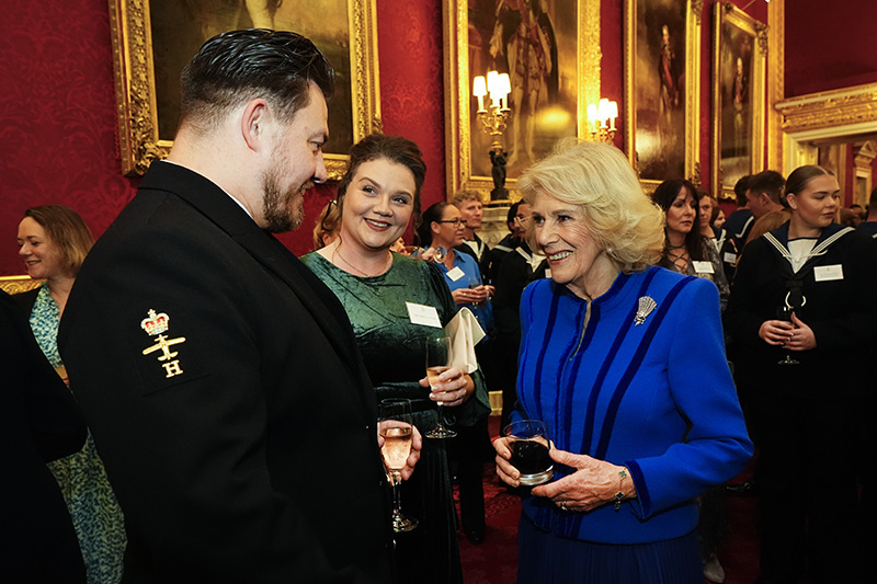 LONDON, ENGLAND - DECEMBER 18: Queen Camilla during a reception at St James's Palace in London, to celebrate the return of HMS Prince of Wales from an eight-month deployment with the Carrier Strike Group (CSG25), known as Operation Highmast on December 18, 2025 in London, England. (Photo by Aaron Chown - Pool/Getty Images)