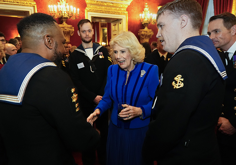 LONDON, ENGLAND - DECEMBER 18: Queen Camilla during a reception at St James's Palace in London, to celebrate the return of HMS Prince of Wales from an eight-month deployment with the Carrier Strike Group (CSG25), known as Operation Highmast on December 18, 2025 in London, England. (Photo by Aaron Chown - Pool/Getty Images)