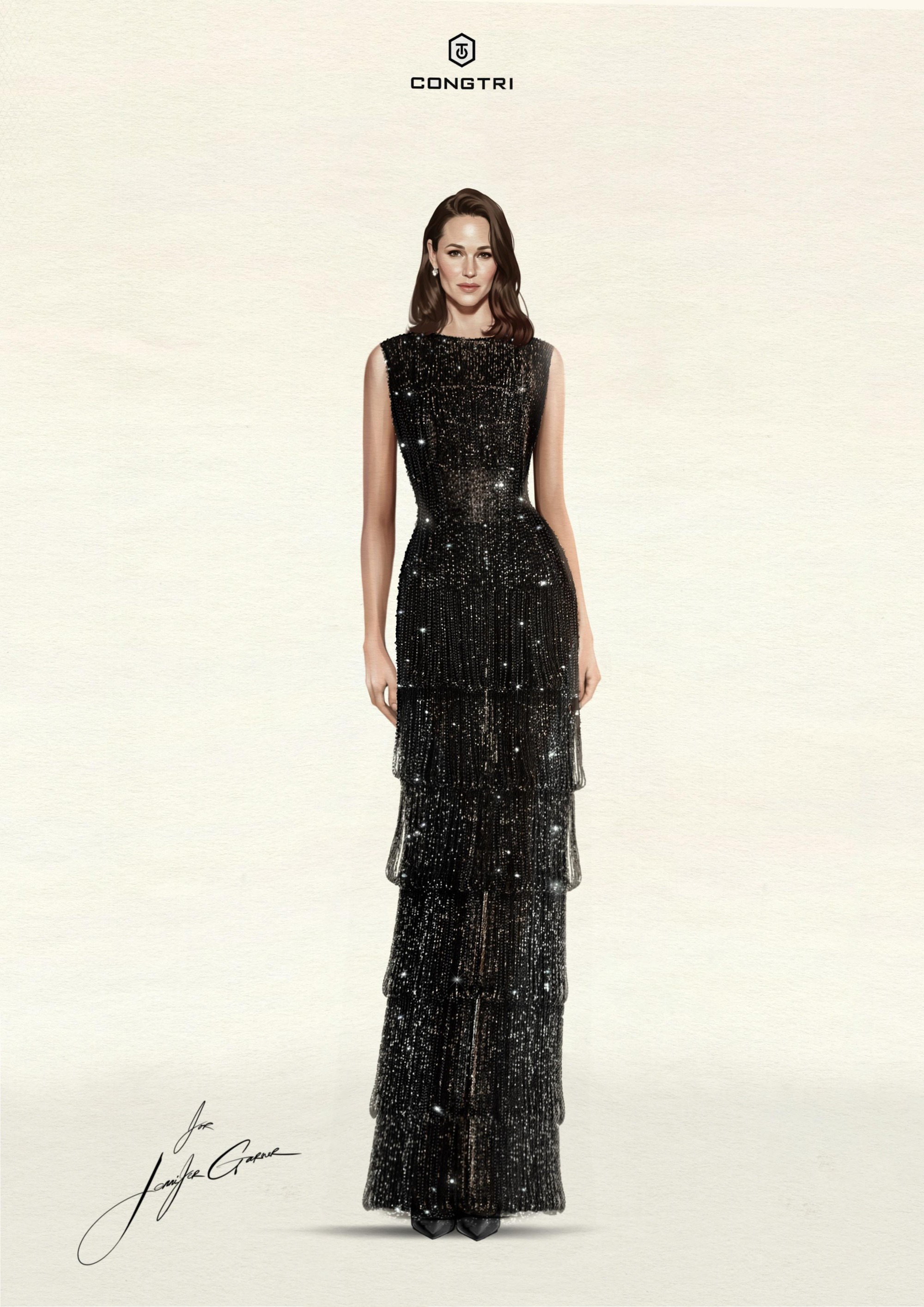 Golden Globes 2026 Designer Sketches: Sketch of Jennifer Garner's custom Cong Tri gown for the Golden Globes 2026.