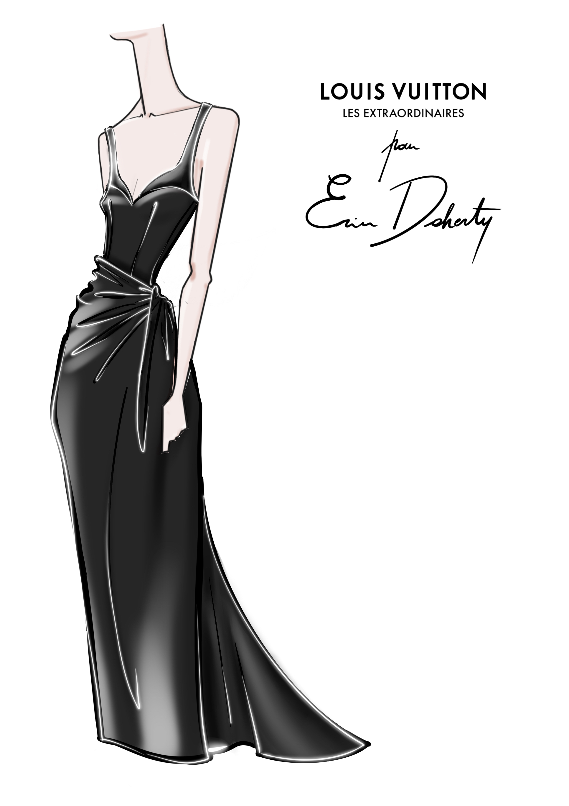Golden Globes 2026 Designer Sketches: Sketch of Erin Doherty's custom Louis Vuitton gown for the Golden Globes 2026.
