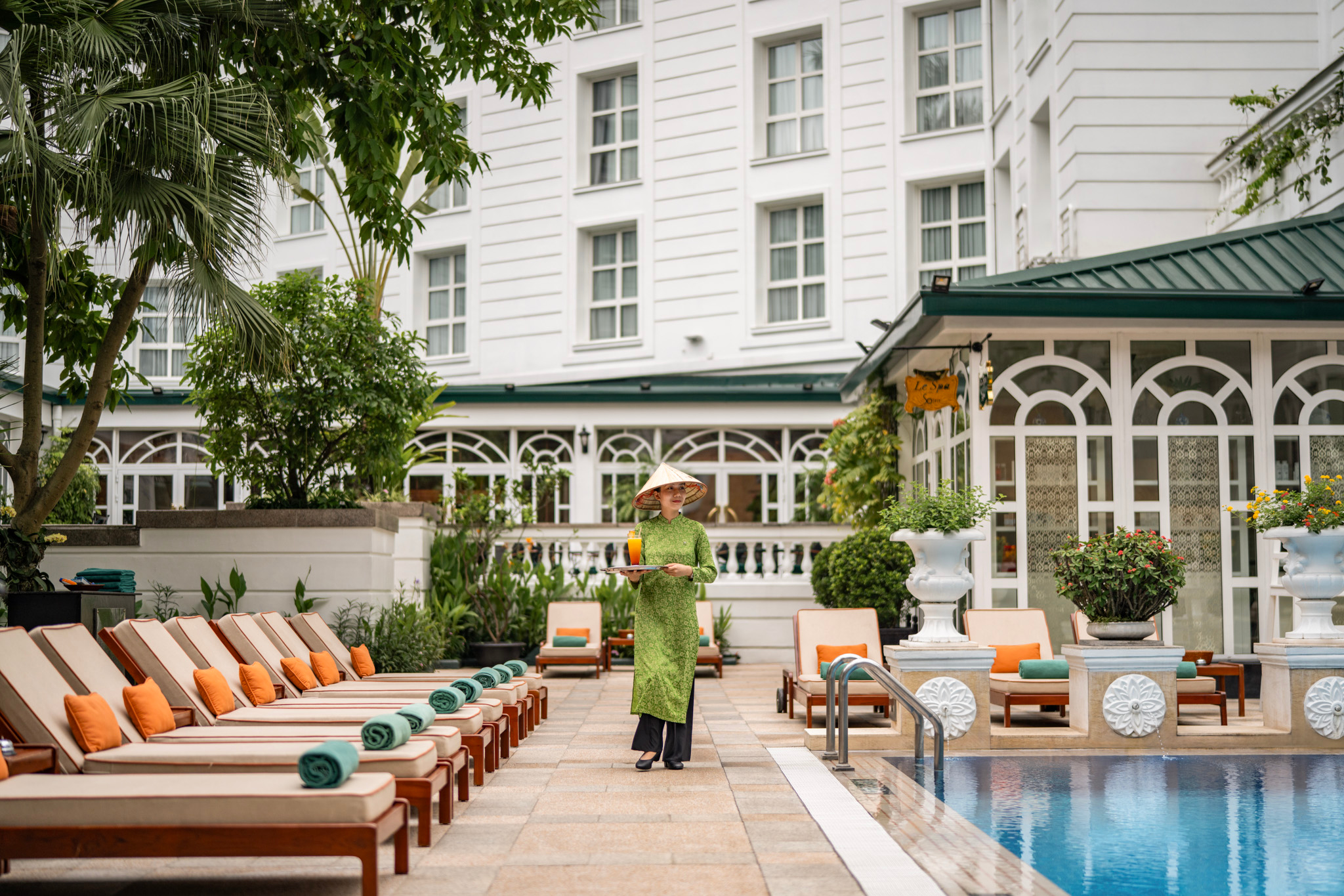 Poolside at the Sofitel Legend Metropole Hanoi.