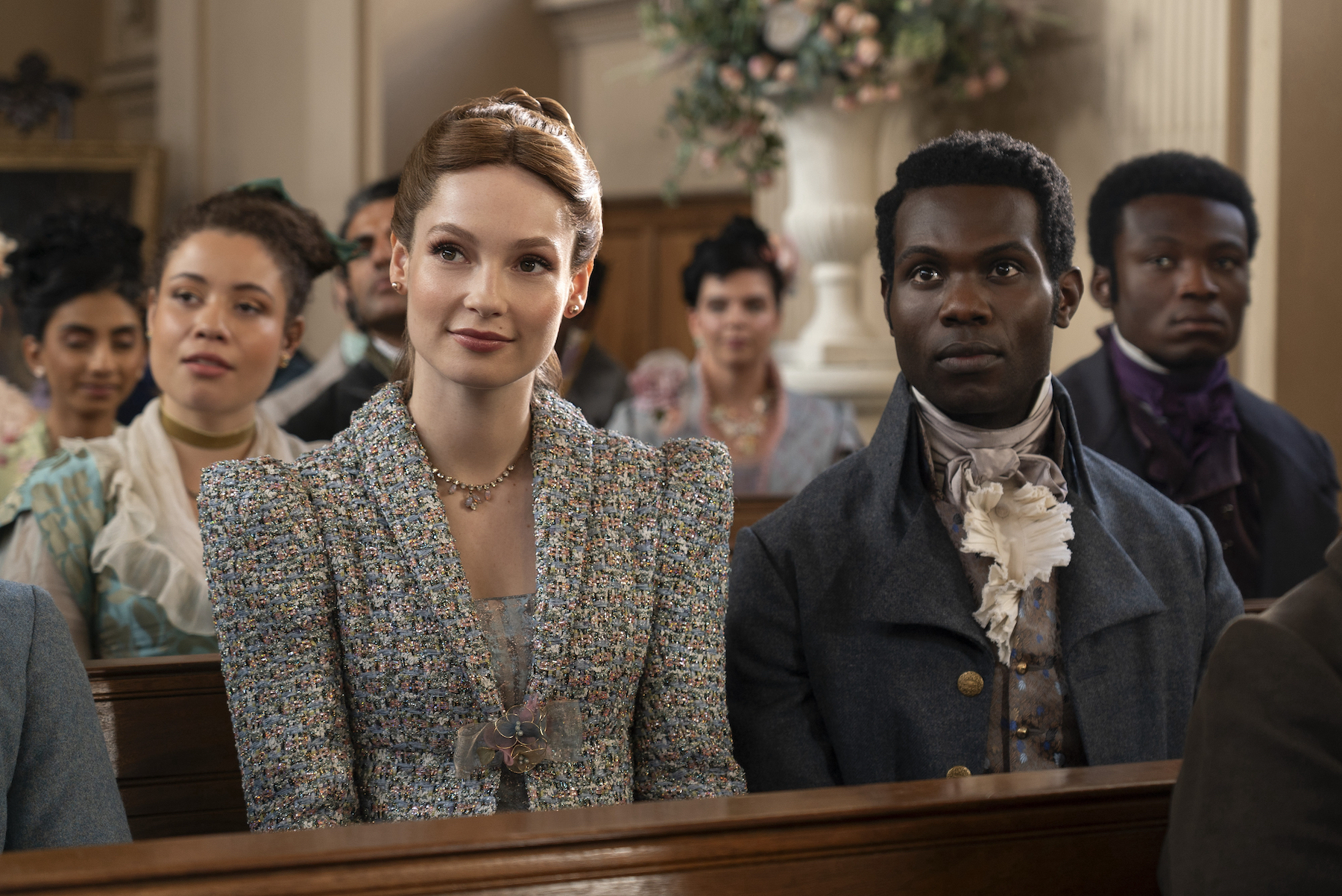 Bridgerton. (L to R) Hannah Dodd as Francesca Bridgerton, Victor Alli as John Stirling in episode 306 of Bridgerton. Cr. Liam Daniel/Netflix © 2024