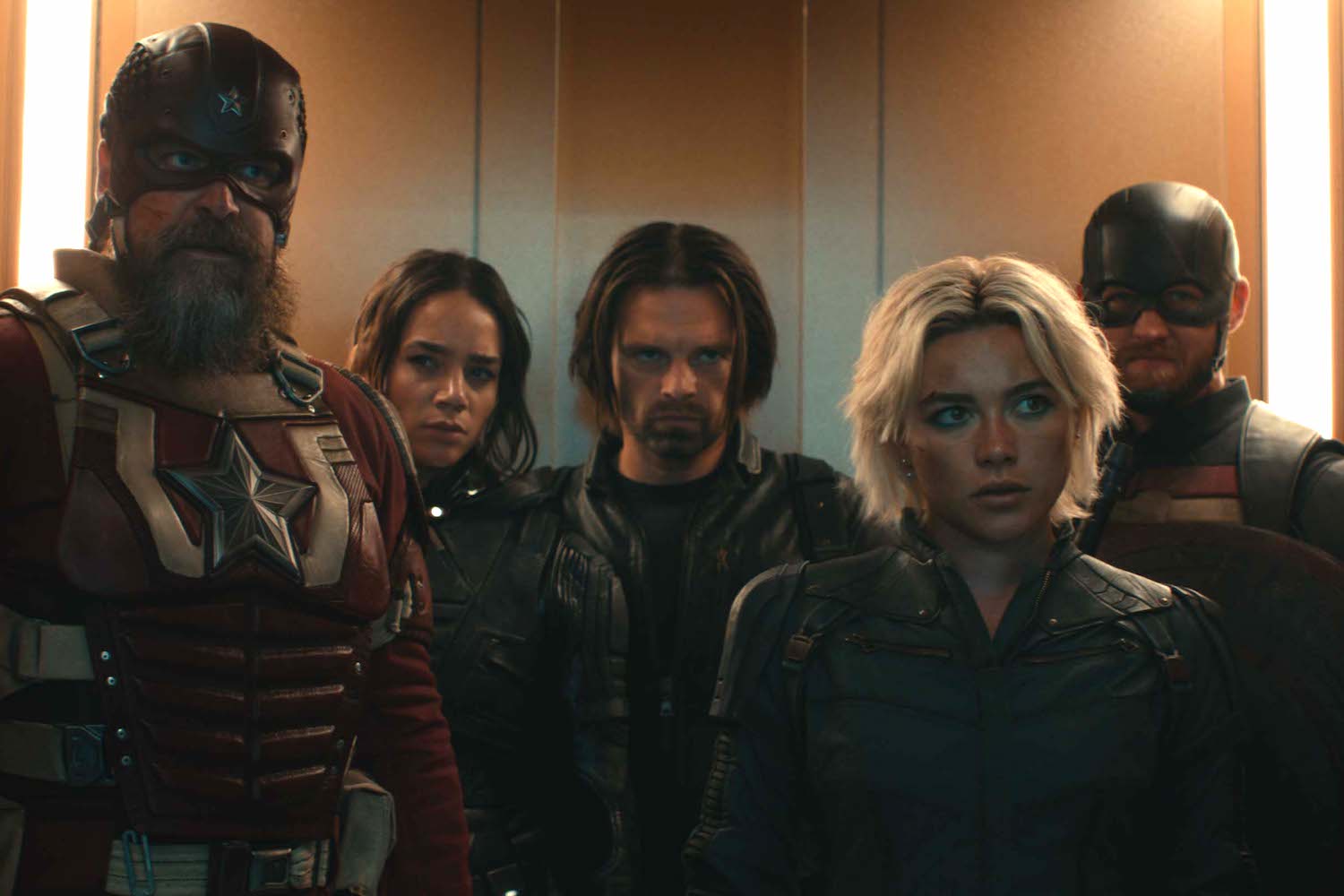 (L-R): Alexei Shostakov/Red Guardian (David Harbour), Ghost (Hannah John-Kamen), Bucky Barnes (Sebastian Stan), Yelena Belova (Florence Pugh), and John Walker (Wyatt Russell) in Marvel Studios' THUNDERBOLTS*. Photo courtesy of Marvel Studios. © 2024 MARVEL.