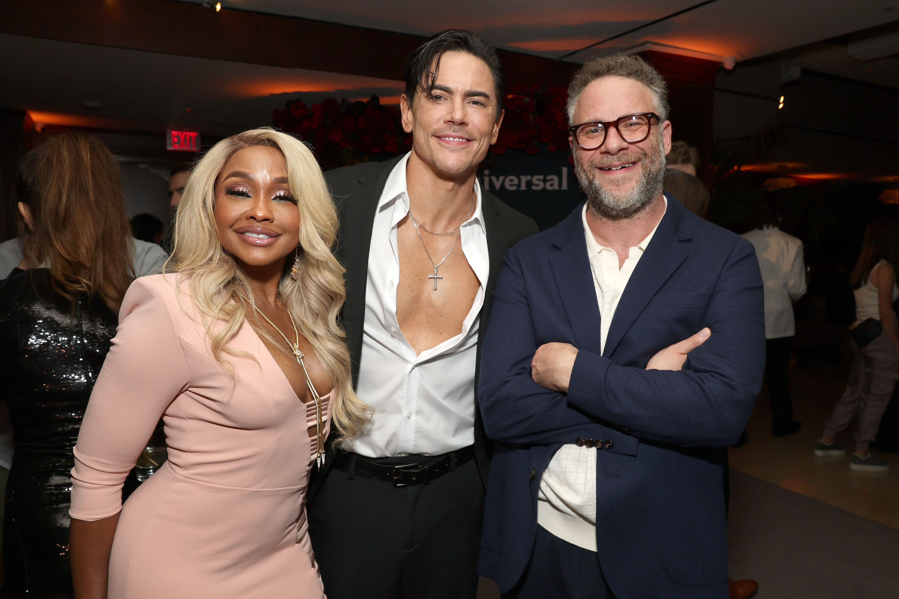 NBCUNIVERSAL EVENTS -- “NBCUniversal Celebrates the Emmy Nominees and a Special Toast to SNL50” -- Pictured: (l-r) Phaedra Parks, “The Traitors” / “The Real Housewives of Atlanta”, Tom Sandoval, “The Traitors”, Seth Rogen at the Sunset Tower Hotel on Friday, September 12, 2025 -- (Photo by: Todd Williamson/NBCUniversal)