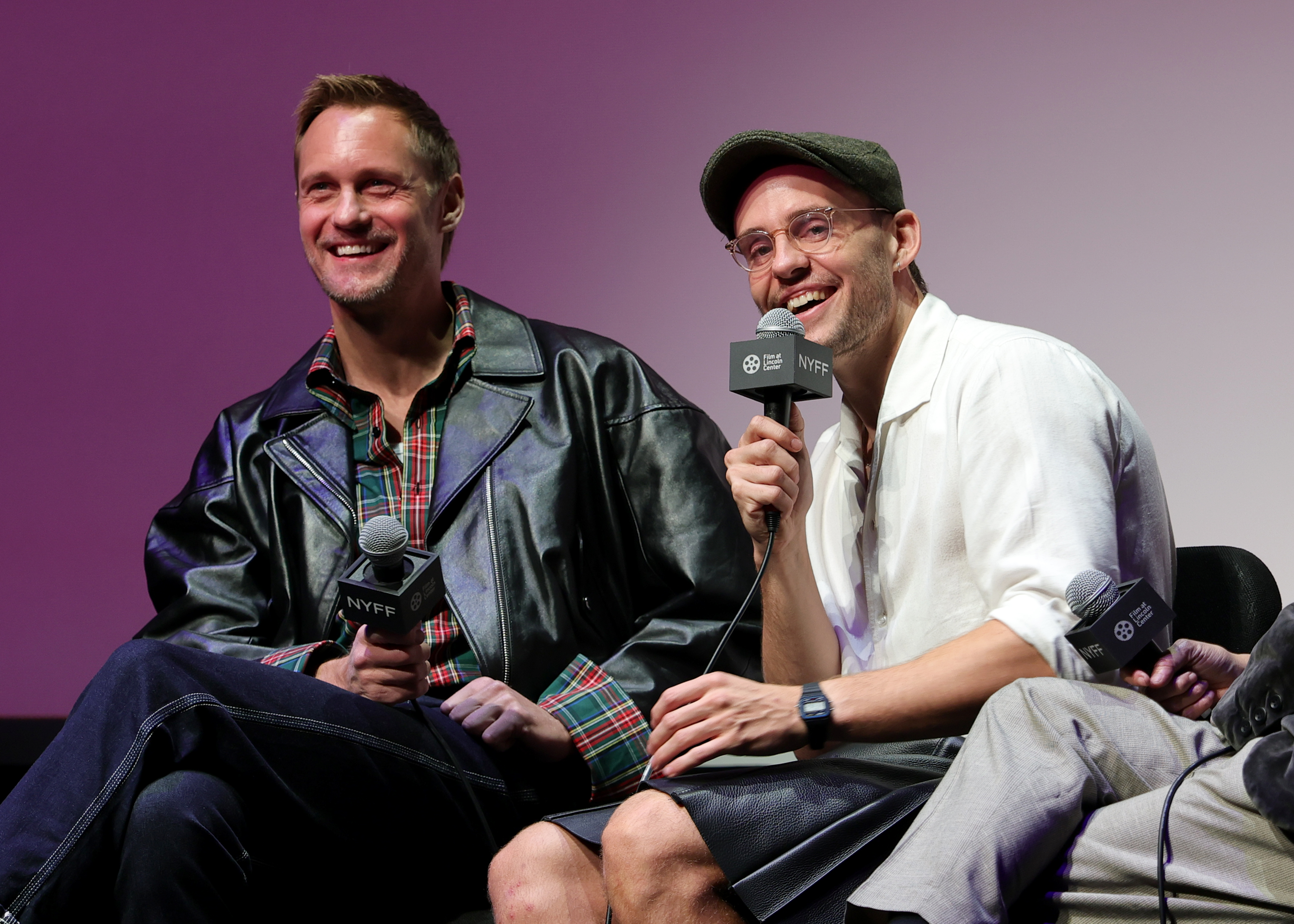 NEW YORK, NEW YORK - OCTOBER 04: (L-R) Alexander Skarsgård and Harry Lighton speak onstage at the "Pillion" Intro/Q&A during the 63rd New York Film Festival at Alice Tully Hall, Lincoln Center on October 04, 2025 in New York City. (Photo by Dia Dipasupil/Getty Images for FLC)
