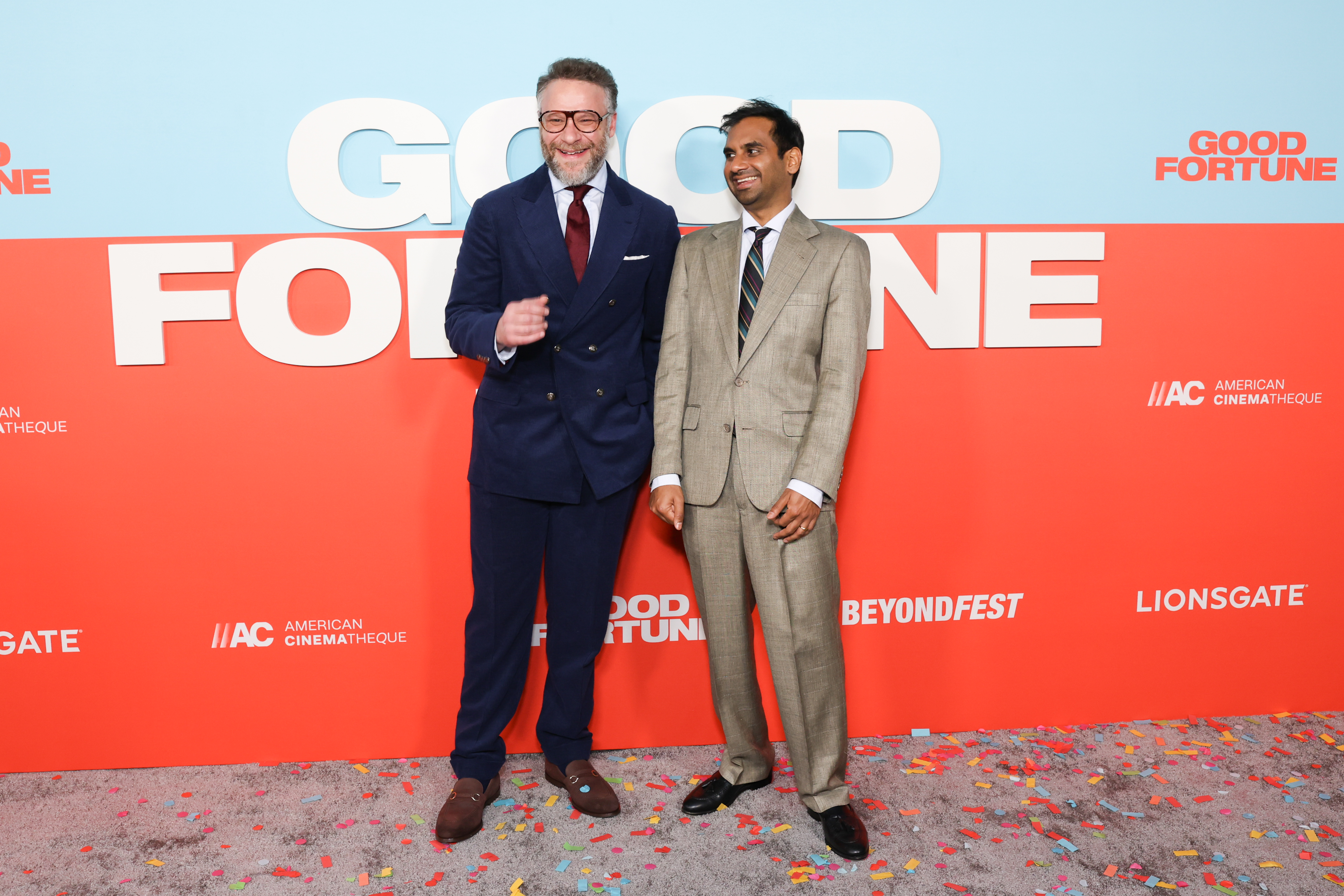 Seth Rogen, Aziz Ansari at the "Good Fortune" Beyond Fest screening held at The Egyptian Theatre on October 06, 2025 in Los Angeles, California.