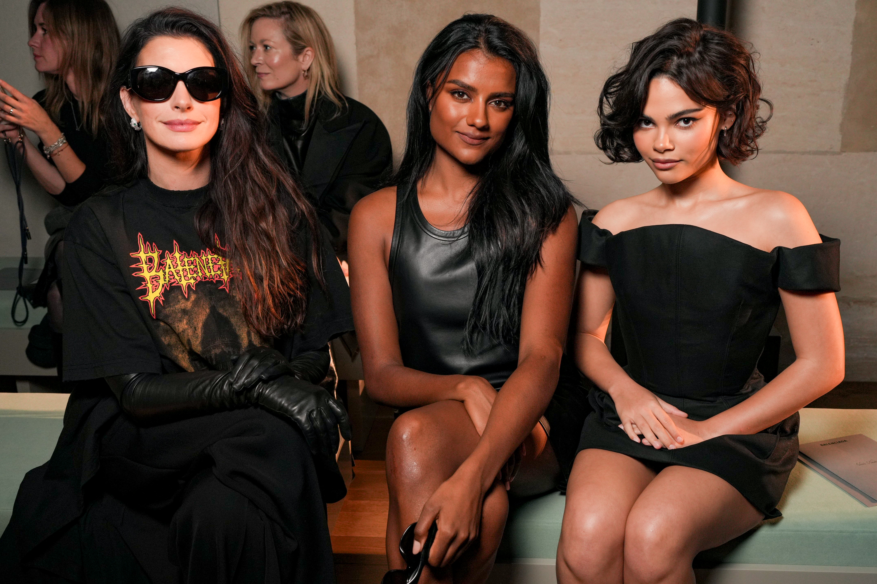 Anne Hathaway, Simone Ashley, Ariana Greenblatt at the Balenciaga fashion show as part of Spring/Summer 2026 Paris Fashion Week on October 04, 2025 in Paris, France.