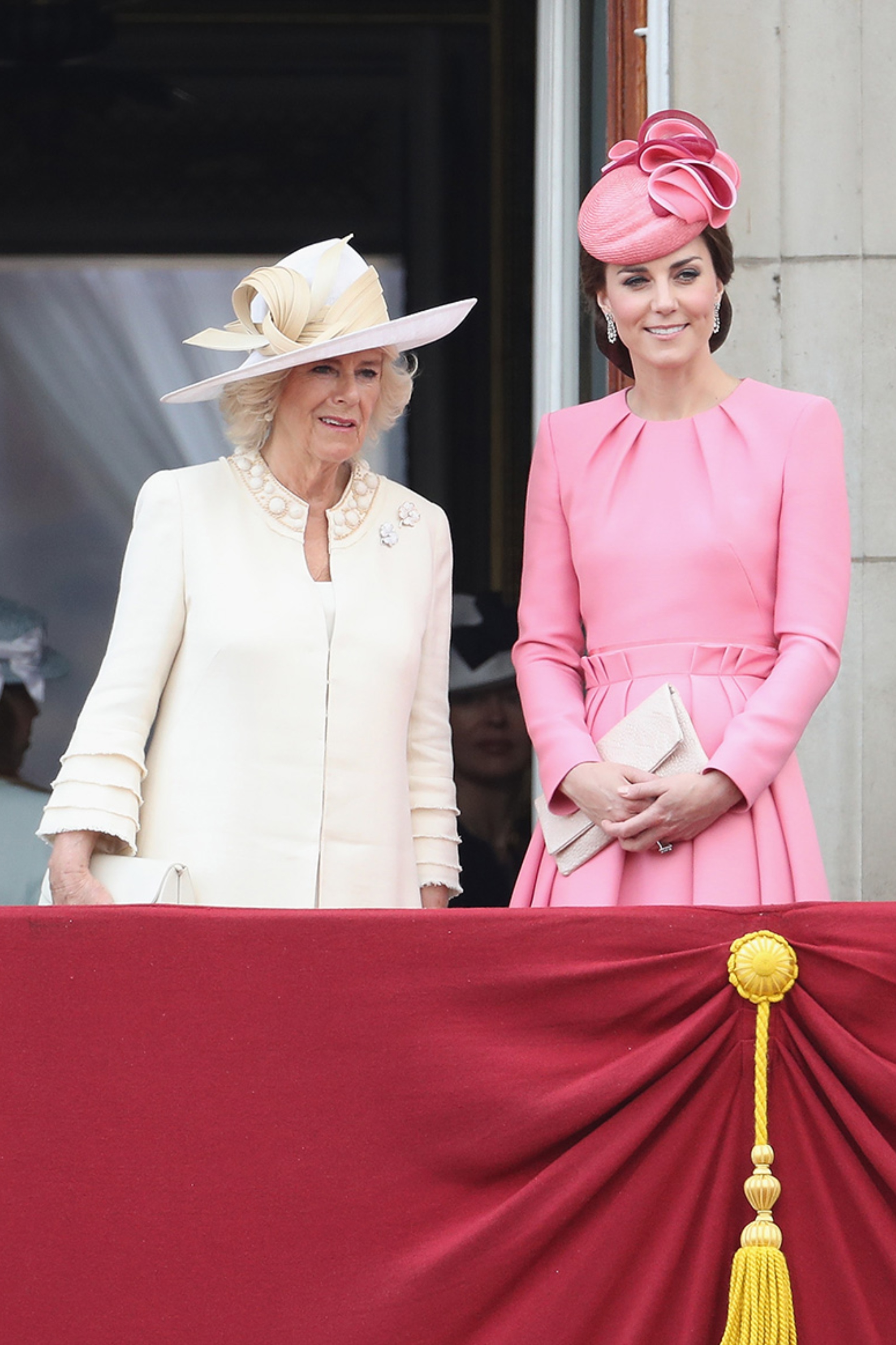 LONDON, ENGLAND - JUNE 17: Camilla, Duchess of Cornwall and Catherine, Duchess of Cambridge look out from the balcony of Buckingham Palace during the Trooping the Colour parade on June 17, 2017 in London, England. (Photo by Chris Jackson/Getty Images)