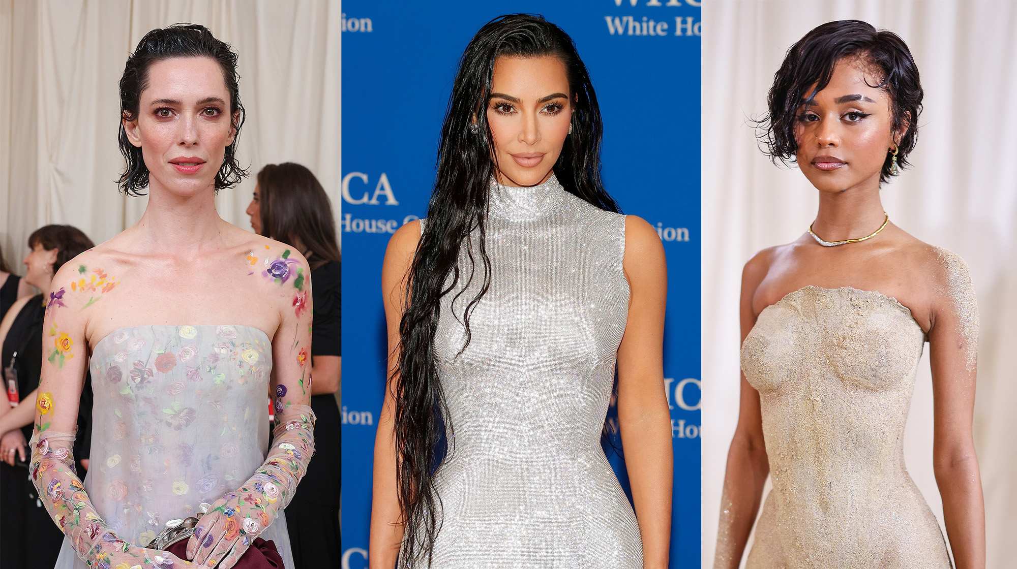 three women wearing wet hair looks on red carpets