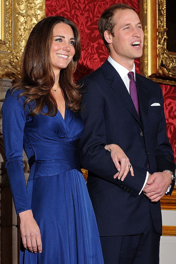 Britain's Prince William and his fiancée Kate Middleton pose for photographers during a photocall to mark their engagement, in the State Rooms of St James�s Palace, central London on November 16, 2010. Britain's Prince William has given his fiancee Kate Middleton the engagement ring that belonged to his late mother Diana, Princess of Wales, Clarence House said Tuesday. The blue sapphire and diamond ring was given to Diana by William's father, Prince Charles, when they became engaged in February 1981. Charles and Diana divorced in 1996 and she was killed in a car crash in Paris the following year. AFP PHOTO / BEN STANSALL (Photo credit should read BEN STANSALL/AFP via Getty Images), princess diana Ceylon sapphire engagement ring, kate middleton engagement ring