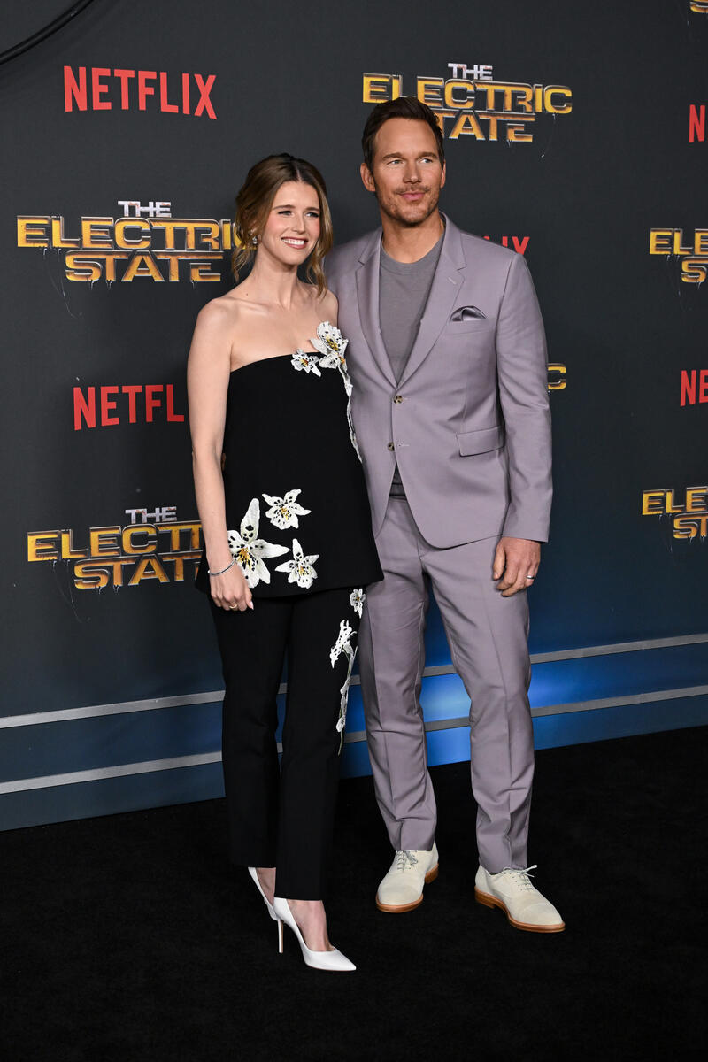 Katherine Schwarzenegger and Chris Pratt at the premiere of Netflix's "The Electric State" on Feb. 24 in Los Angeles, Oscar de la Renta, red carpet