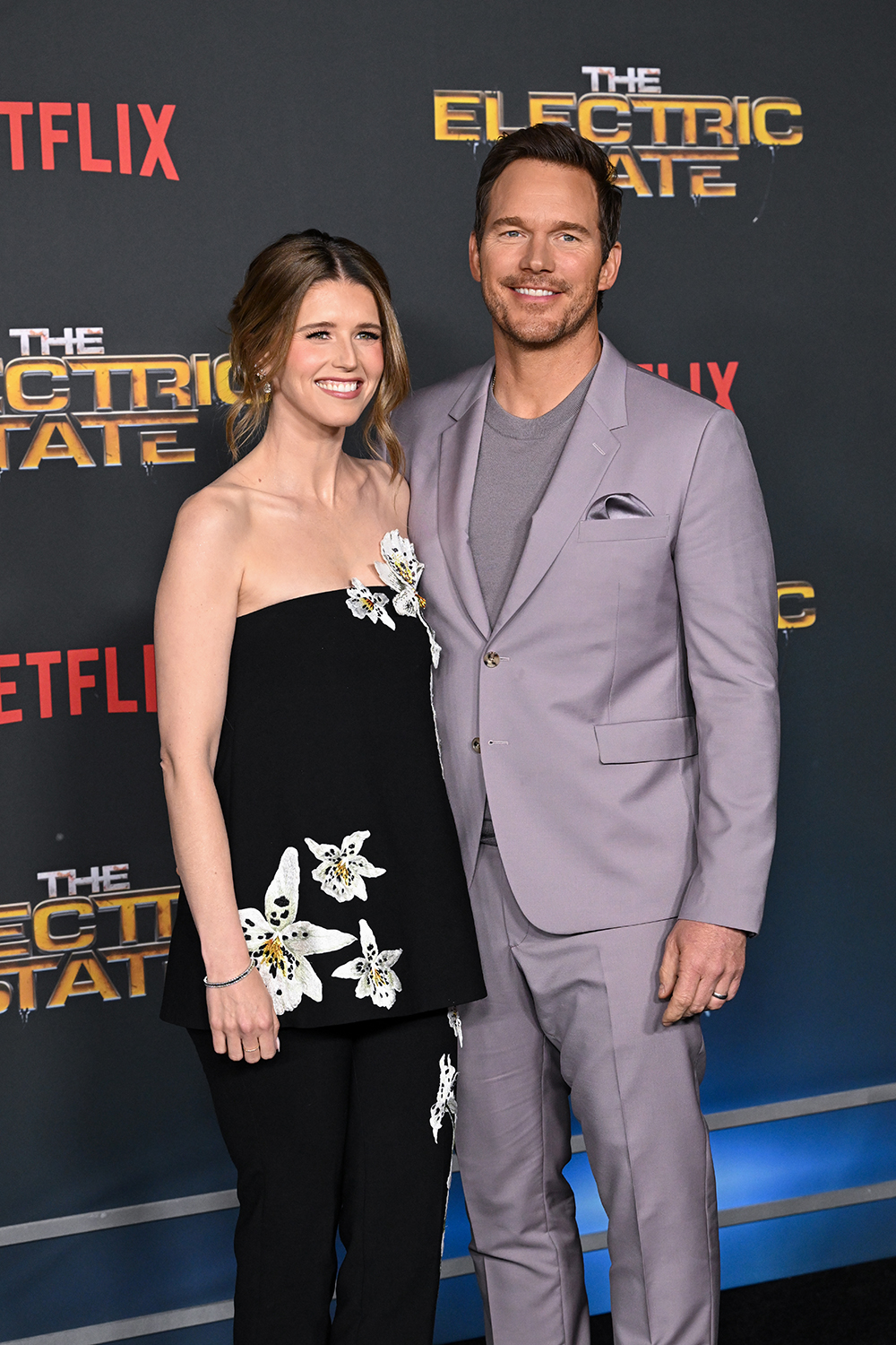 Katherine Schwarzenegger and Chris Pratt at the premiere of Netflix's "The Electric State" on Feb. 24 in Los Angeles, Oscar de la Renta, red carpet