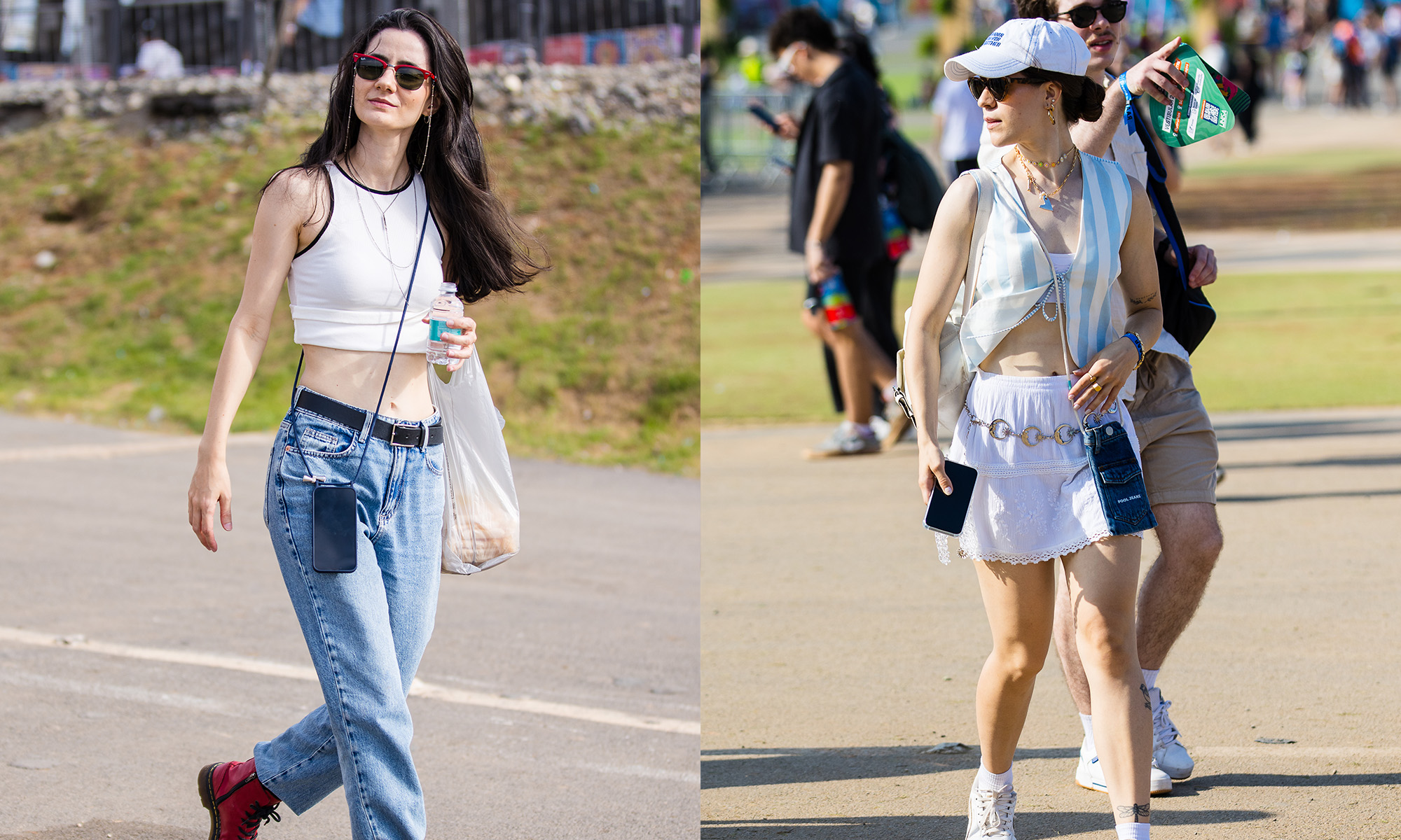 two women in a festival setting wearing crossbody phone bags paired with jeans or a skirt and sunglasses