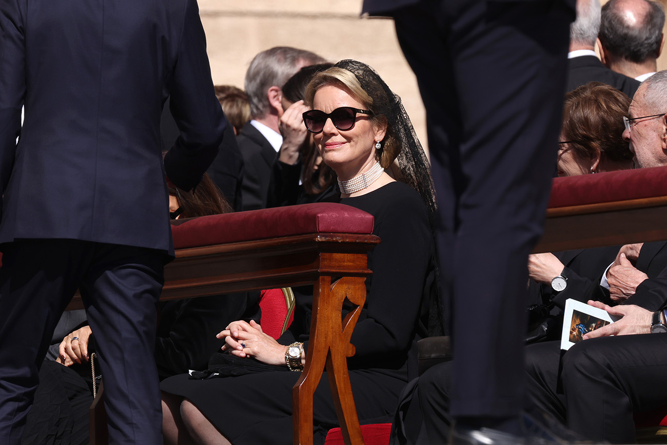 VATICAN CITY, VATICAN - APRIL 26: Queen Mathilde of Belgium attends the funeral of Pope Francis in St. Peter’s Square on April 26, 2025 in Vatican City, Vatican. Pope Francis died on April 21st at the age of 88. Born in Argentina as Jorge Mario Bergoglio, he was the first Latin American and the first Jesuit to become Pope when elected in 2013. Taking the name Francis after St Francis of Assisi, he promoted a more humble version of the papacy than many of his predecessors. He will be buried outside of the Vatican in a simple wooden coffin at the Basilica Santa Maria Maggiore. (Photo by Franco Origlia/Getty Images)