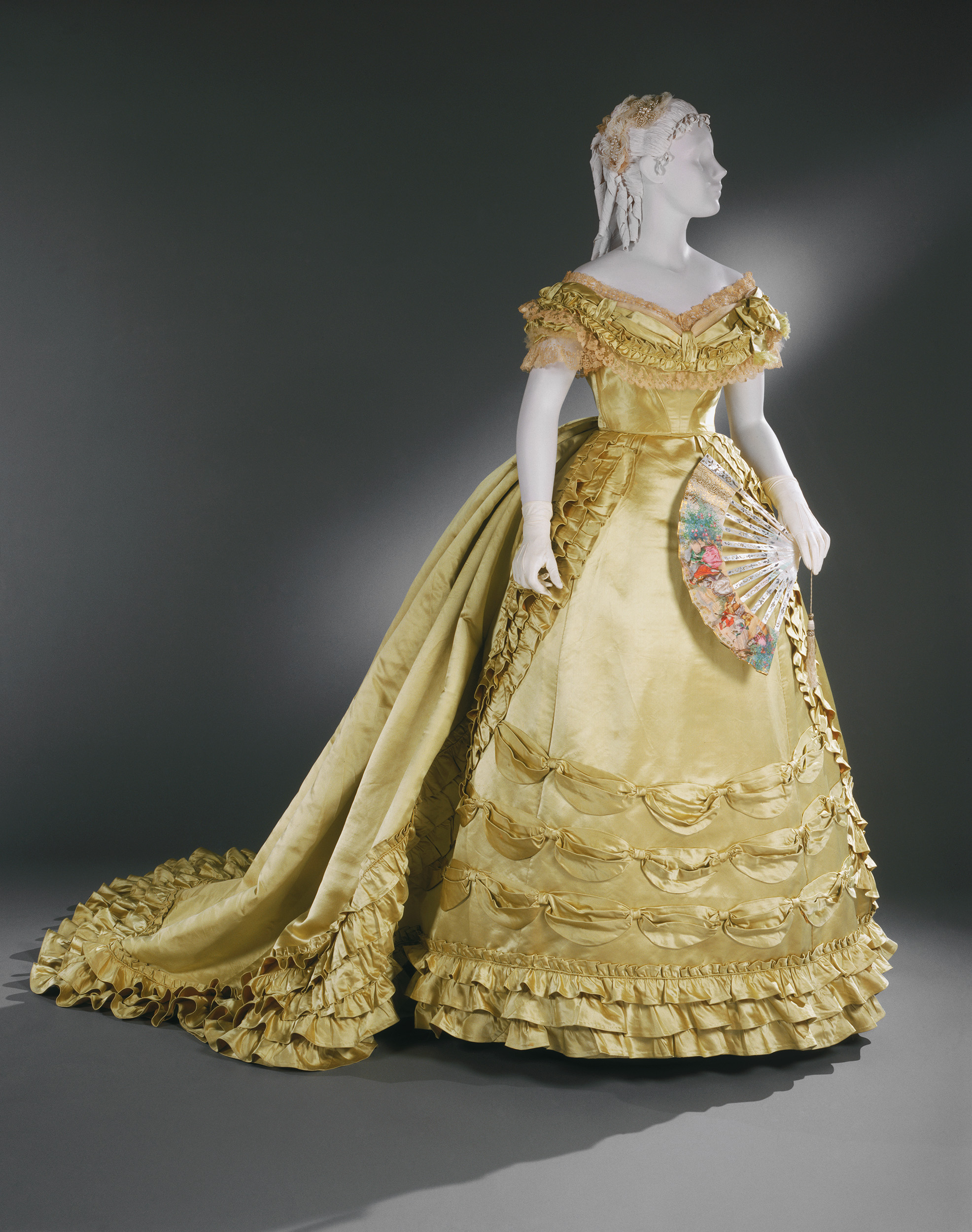Worth & Bobergh dress, c. 1866-1868. Silk satin with lace and silk tulle