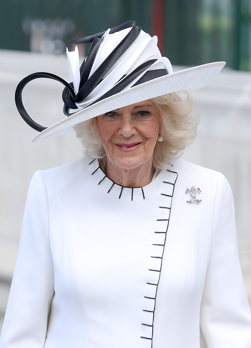 LONDON, ENGLAND - MAY 08: Queen Camilla smiles as she departs the Thanksgiving Service to mark the 80th anniversary of VE Day at Westminster Abbey on May 08, 2025 in London, England. The King and Queen, joined by members of the Royal Family, will take part in events from May 5th to May 8th to commemorate the 80th Anniversary of VE Day, which signalled the end of the Second World War in Europe. (Photo by Chris Jackson/Getty Images)