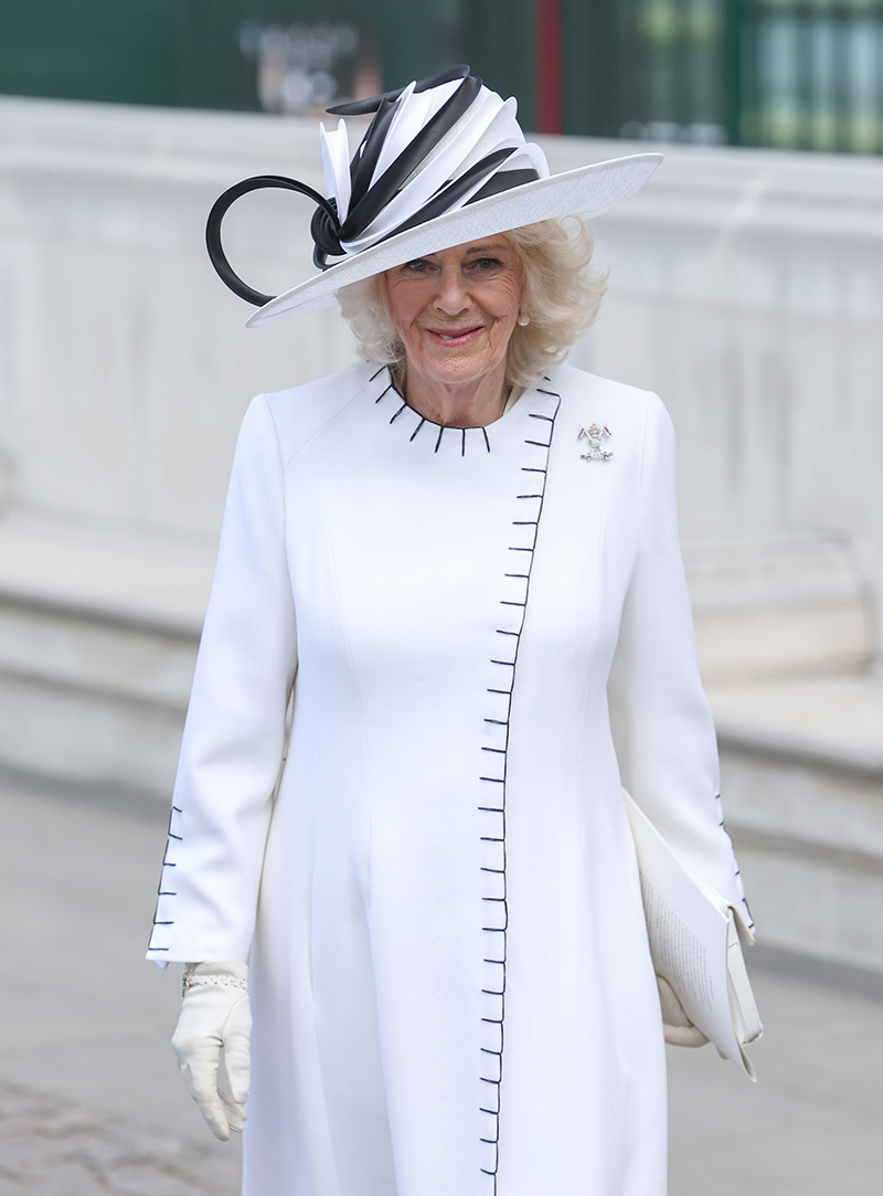 LONDON, ENGLAND - MAY 08: Queen Camilla smiles as she departs the Thanksgiving Service to mark the 80th anniversary of VE Day at Westminster Abbey on May 08, 2025 in London, England. The King and Queen, joined by members of the Royal Family, will take part in events from May 5th to May 8th to commemorate the 80th Anniversary of VE Day, which signalled the end of the Second World War in Europe. (Photo by Chris Jackson/Getty Images)