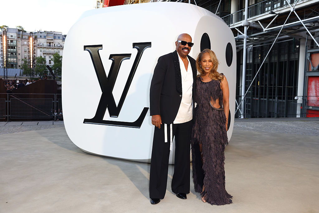 PARIS, FRANCE - JUNE 24: (EDITORIAL USE ONLY - For Non-Editorial use please seek approval from Fashion House) Steve Harvey and Marjorie Elaine Harvey attend the Louis Vuitton Menswear Spring/Summer 2026 show as part of Paris Fashion Week on June 24, 2025 in Paris, France. (Photo by Marc Piasecki/WireImage)