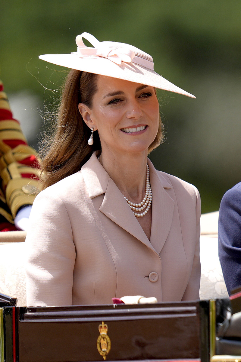 WINDSOR, ENGLAND - JULY 8: Catherine, Princess of Wales rides in the carriage procession to Windsor Castle ahead of the Ceremonial Welcome for the state visit to the UK of the President of France Emmanuel Macron and his wife Brigitte Macron at Windsor Castle on July 8, 2025 in Windsor, England. President Emmanuel Macron and Mrs Brigitte Macron visit the UK in the first visit State Visit made by France in 17 years. They are staying at Windsor Castle, hosted by King Charles III and Queen Camilla, and a banquet will be held there in their honour. The Macrons will visit Imperial College, and the President will address Parliament during his stay. (Photo by Andrew Matthews - WPA Pool/Getty Images)