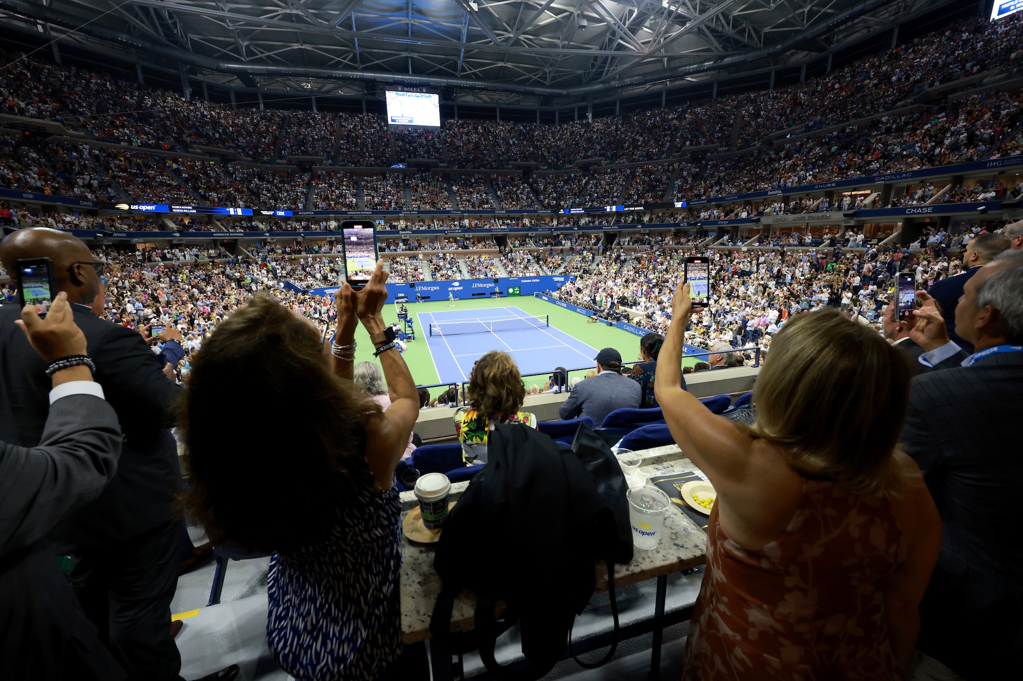 An overall view of Arthur Ashe Stadium from the President's Box at the USTA Foundation Opening Night Gala at the 2022 US Open, Monday, Aug. 29th, 2022 in Flushing, NY. (Michael J. LeBrecht II/USTA via AP)