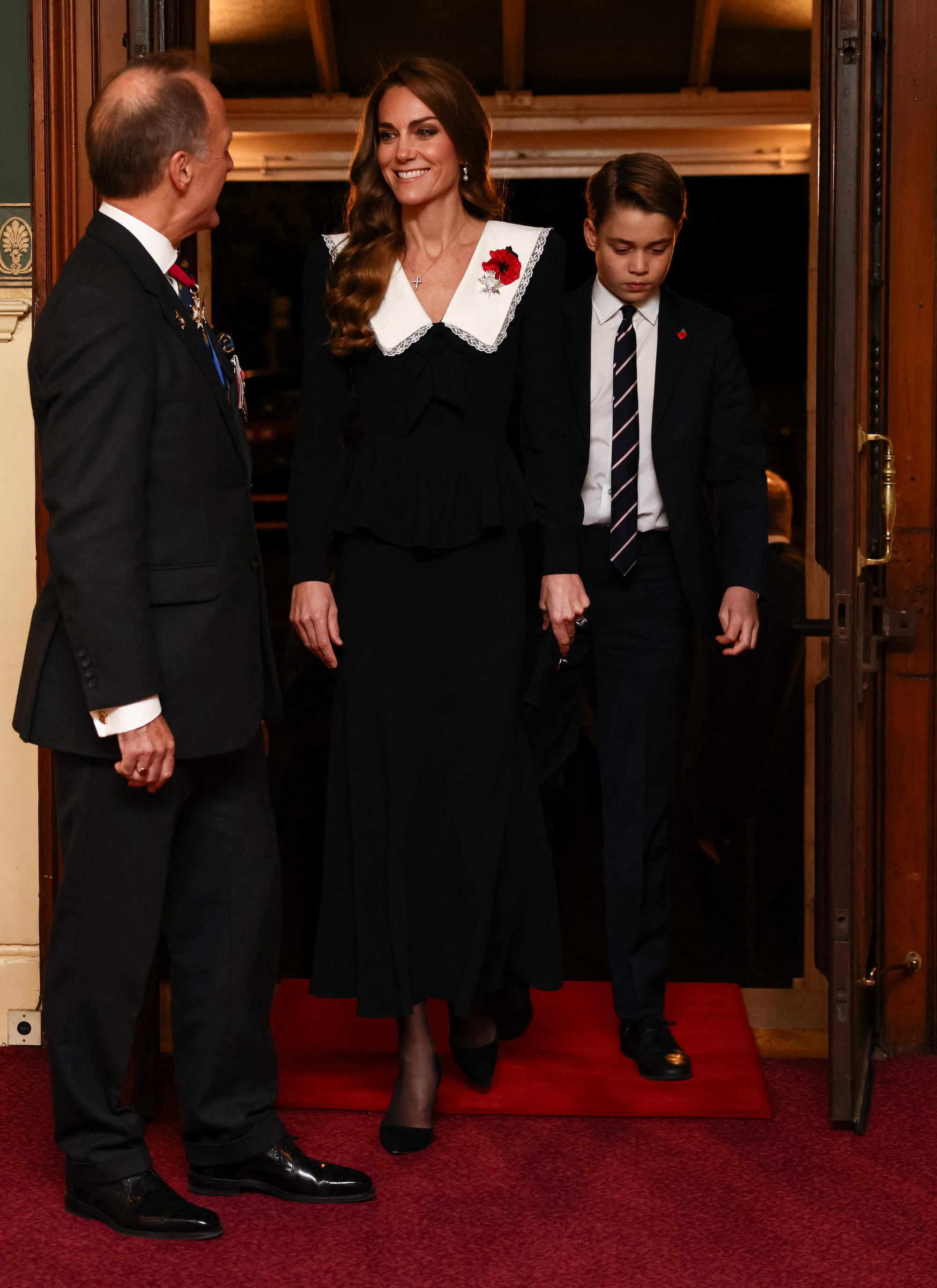 Catherine, Princess of Wales, in an Alessandra Rich peplum dress and Prince George arrive at the Royal Albert Hall for the Royal British Legion Festival of Remembrance at the Royal Albert Hall on Saturday in London. Kate Middleton style, Kate Middleton dress