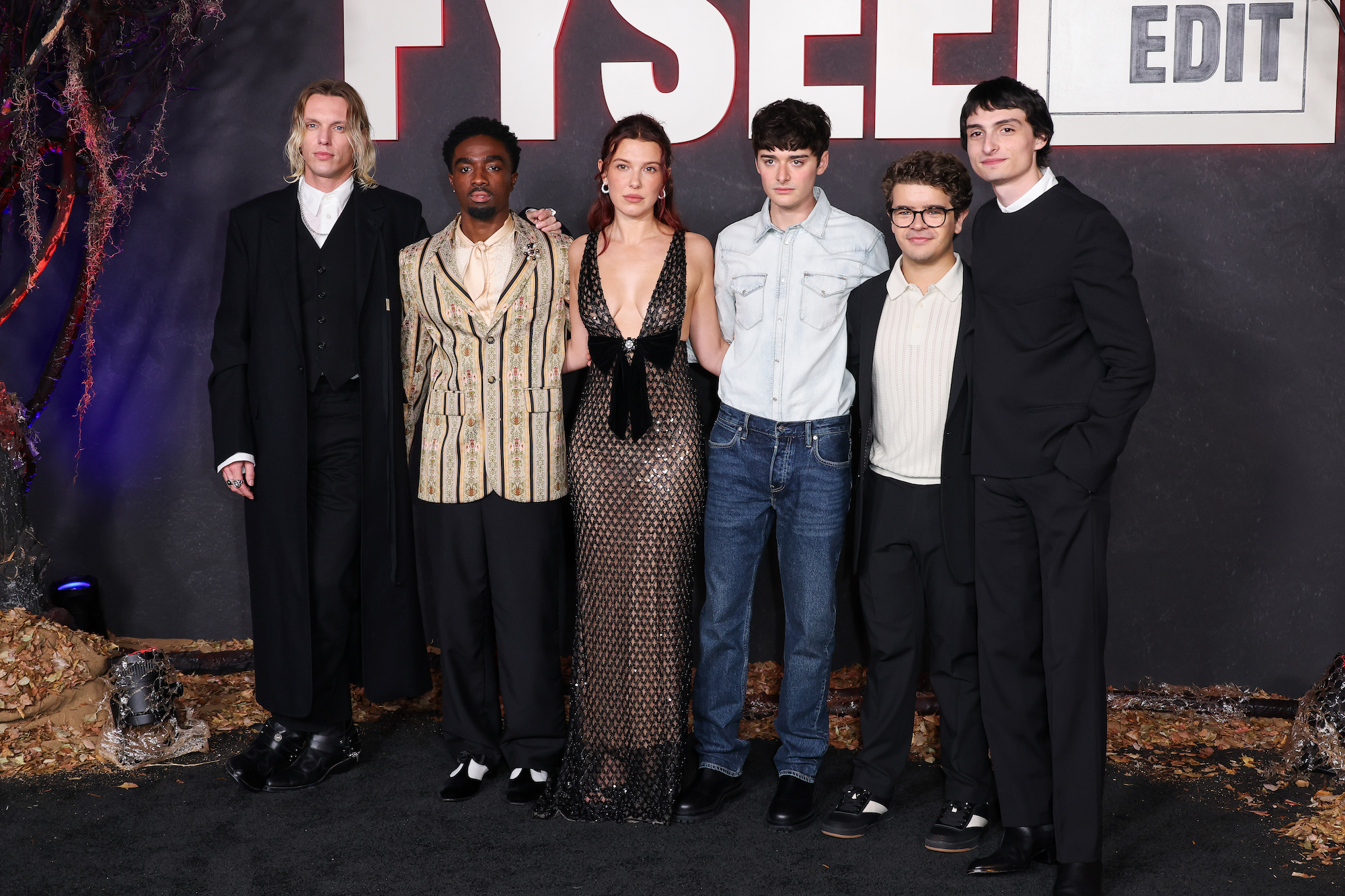 Jamie Campbell Bower, Caleb McLaughlin, Millie Bobby Brown, Noah Schnapp, Gaten Matarazzo and Finn Wolfhard at Netflix’s