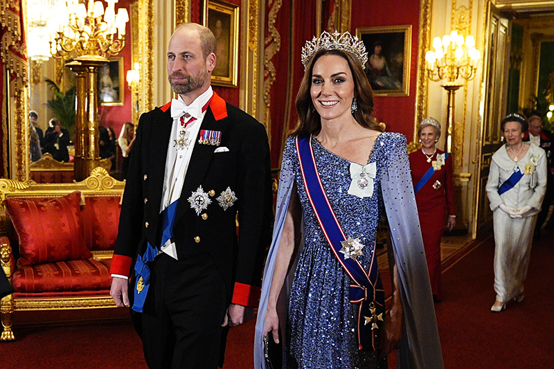 Kate Middleton wears a Jenny Packham gown and Queen Victoria's Oriental Circlet Tiara at the state banquet for the German President Frank-Walter Steinmeier and his wife Elke Budenbender on Dec. 3, 2025 in Windsor, England.