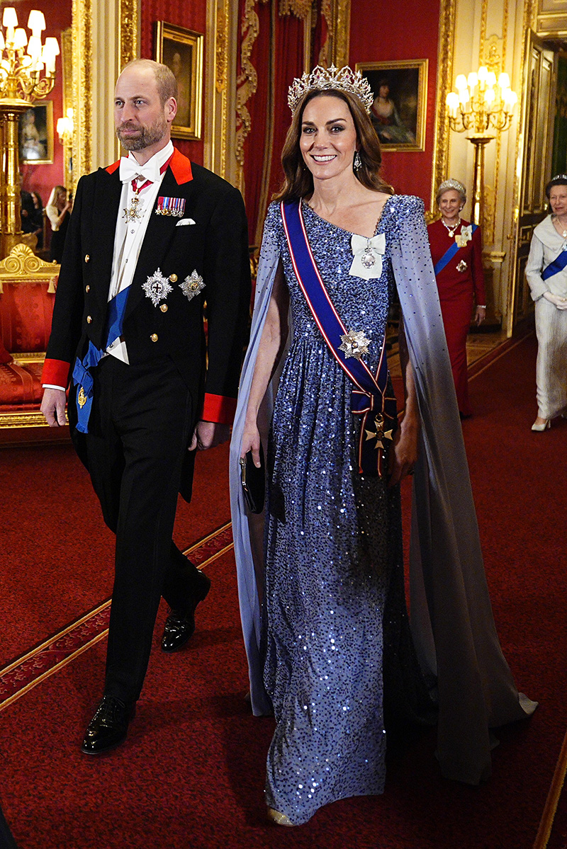Kate Middleton wears a Jenny Packham gown and Queen Victoria's Oriental Circlet Tiara at the state banquet for the German President Frank-Walter Steinmeier and his wife Elke Budenbender on Dec. 3, 2025 in Windsor, England.