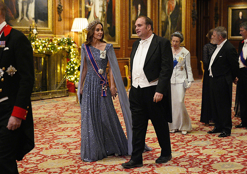 Kate Middleton wears a Jenny Packham gown and Queen Victoria's Oriental Circlet Tiara at the state banquet for the German President Frank-Walter Steinmeier and his wife Elke Budenbender on Dec. 3, 2025 in Windsor, England.