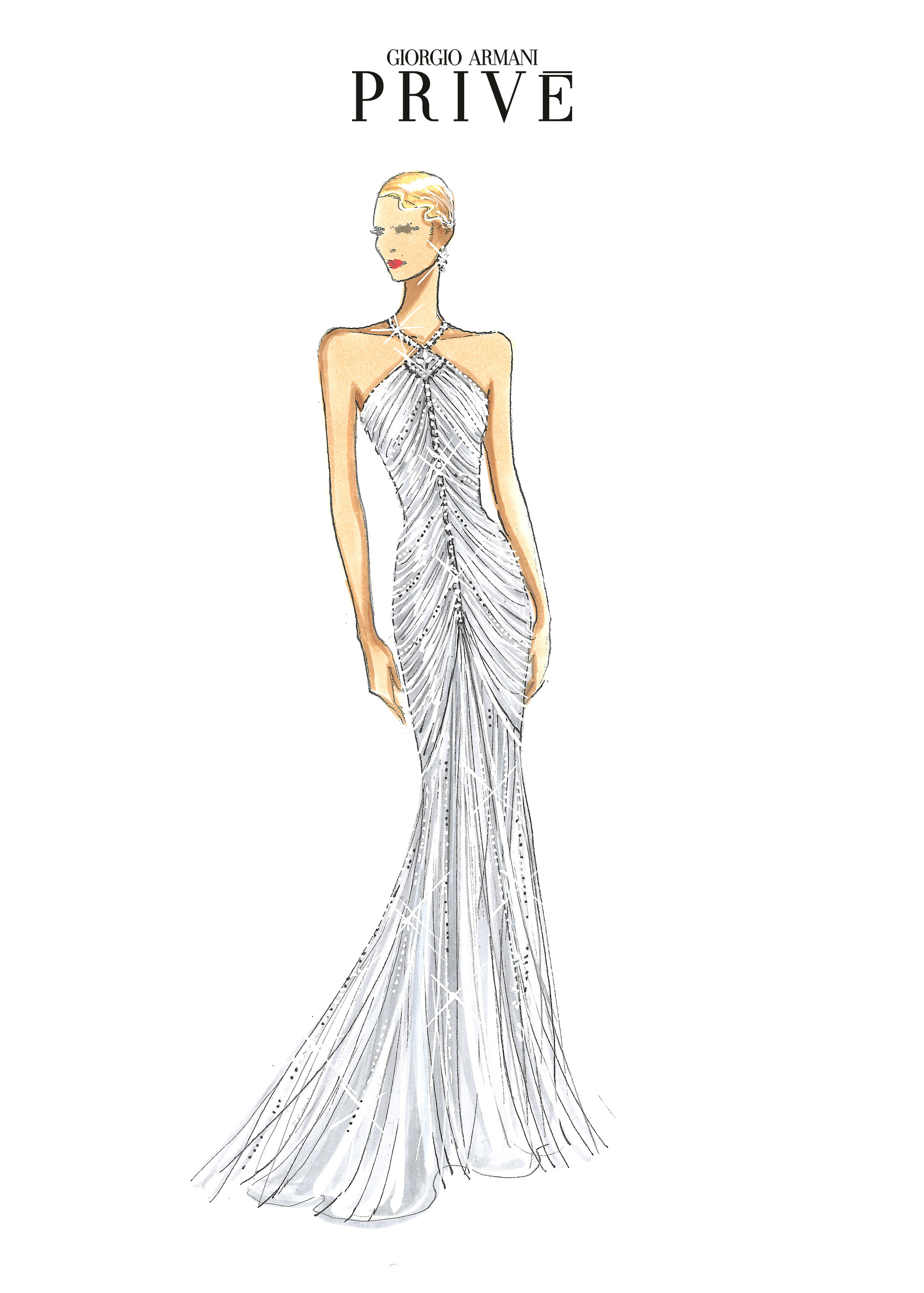 Golden Globes 2026 Designer Sketches: Sketch of Kate Hudson's custom Giorgio Armani Privé gown for the Golden Globes 2026.